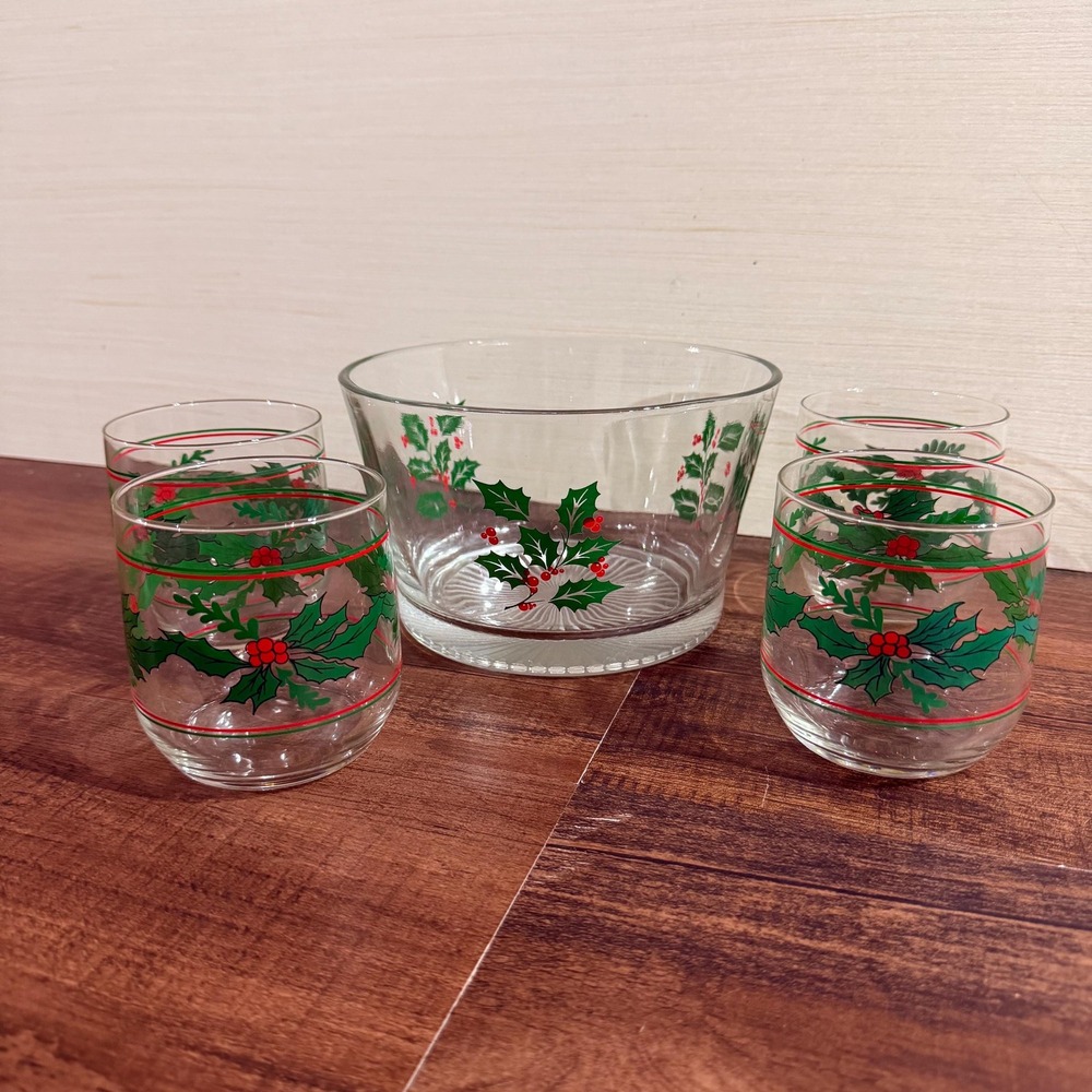 VTG Indiana Glass Christmas Holly Berry Hostess Set 5 Piece Christmas Barware